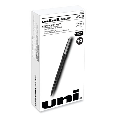 UNI-BALL Stick Roller Ball Pen, Micro 0.5mm, Black Ink, Black Barrel, PK12 60151